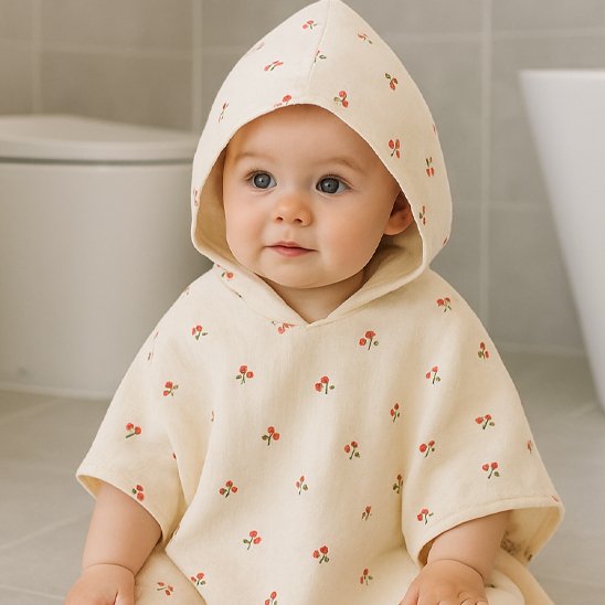 Cape de bain bébé beige motif cerise