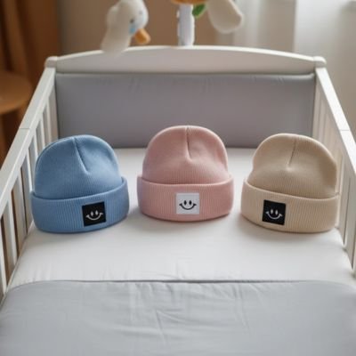 Bonnet bebe bleu rose beige
