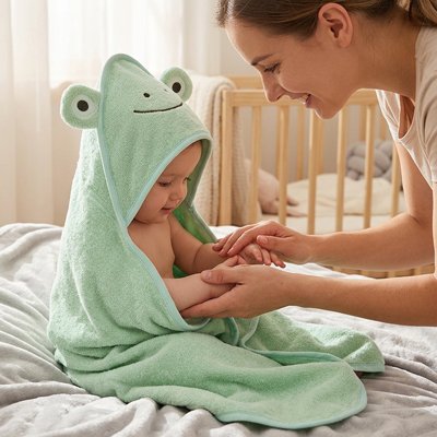 Cape de bain bébé grenouille vert