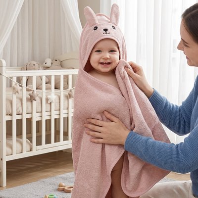 Cape de bain bébé lapin rose