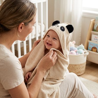 Cape de bain bébé panda beige