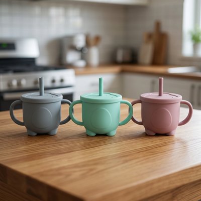 Gobelet bebe gris vert rose