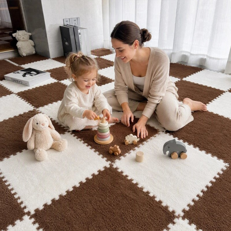 Tapis mousse puzzle marron blanc