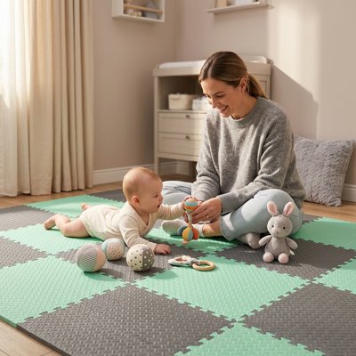 Tapis mousse puzzle vert gris